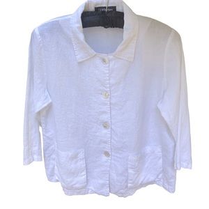 T & W Designs 100% Linen Button Front Top with Pockets and Back Pleat EUC Size L